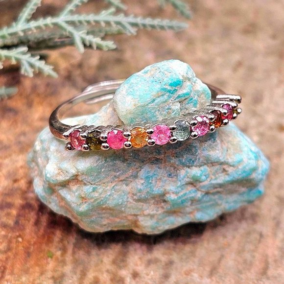 Beautiful Nature Tourmaline Gemstones Mixed Colors Adjustable Ring - Picture 9 of 10